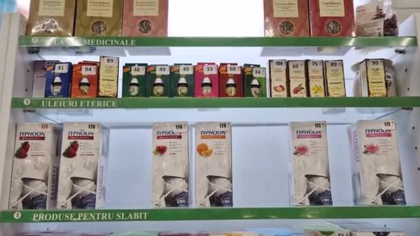 Ungheni Moldova March 2024 Pharmacy Stocked Shelves Phytotherapy Products Medicines — Stock Video