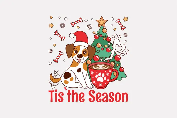 Adorable Perrito Con Árbol Navidad Una Taza Café — Vector de stock
