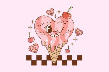 Eriyen kalp şeklindeki dondurmanın sevimli retro çizimi 