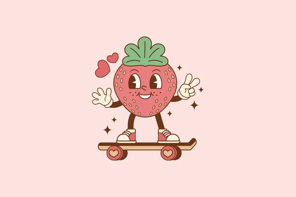Retro Illustration Der Erdbeere Auf Einem Skateboard — Stockvektor