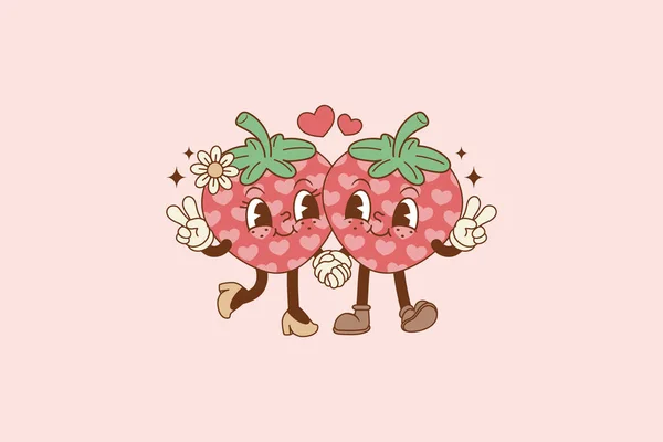 愛するイチゴのカップルのかわいいイラスト 恋に2つのイチゴ — ストックベクタ