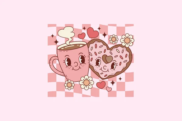 Cute Retro Illustration Coffee Cup Heart Shaped Donut Coffee Lovers — Stock Vector