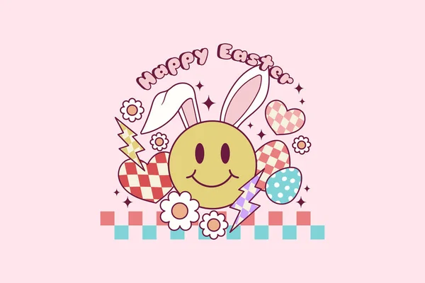 Roztomilý Retro Ilustrace Šťastný Obličej Králičí Uši Pro Velikonoční Prázdniny — Stockový vektor