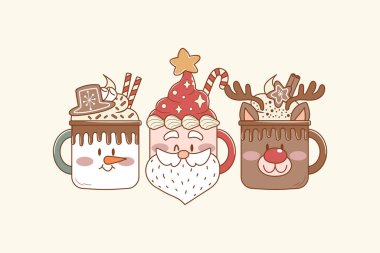 Noel Baba, Ren Geyiği ve Kardan Adam 'ın sıcak çikolatalı kahvesiyle Noel fincanlarının şirin bir çizimi
