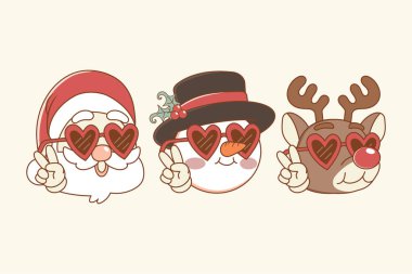 Noel Baba 'nın, kardan adam ve güneş gözlüğü takan ren geyikli eski ve güzel bir resmi.