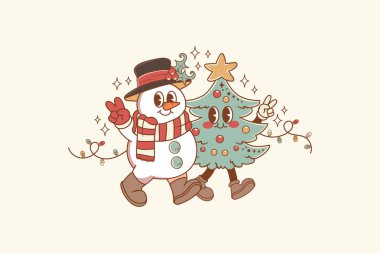 Eski tarz Noel ağacının sevimli bir çizimi bir kardan adam boyunca yürüdü.