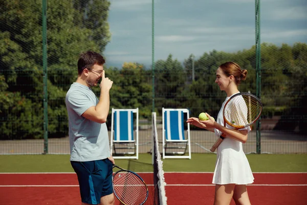 Young Tennis Players Standing Smiling Tennis Match Cheerful Man Girl — Stock Photo, Image