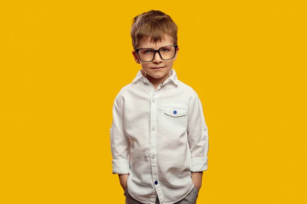 Seriös Liten Pojke Bär Vit Skjorta Och Glasögon Hålla Händerna — Stockfoto