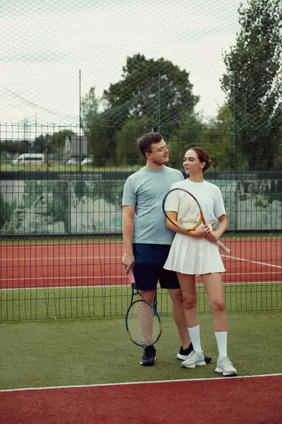 Vertical Photo Young Couple Tennis Court Training Sport Healthy Man — Stock Photo, Image