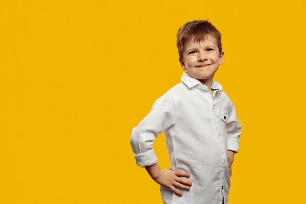 Šťastný Malý Chlapec Sobě Bílou Košili Úsměvem Pro Kameru Zatímco — Stock fotografie
