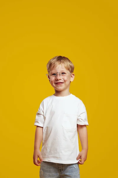 Pionowe Zdjęcie Małego Słodkiego Ucznia Stylowej Białej Koszuli Okularach Uśmiechniętych — Zdjęcie stockowe