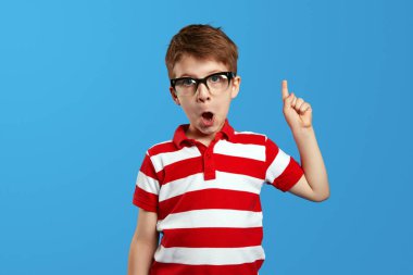 İnek gözlüklü, kırmızı çizgili tişörtlü, ağzı açık ve mavi arka planda bir fikri olan sevimli çocuk. Okul konseptine dönelim.