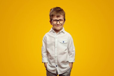 Beyaz gömlek ve gözlük takan, el ele tutuşan ve sarı arka planda kameraya bakan sevimli küçük çocuğun yatay görüntüsü.