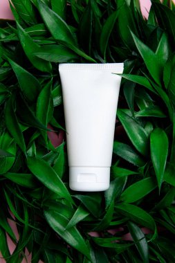 Minimalist beyaz kozmetik bir tüp canlı yeşil yaprakların üzerine uzanarak doğal ve çevre dostu bir zemin oluşturur. Cilt bakımı, güzellik ve organik ürün temaları için ideal.