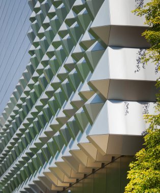 Mimari elementler. Binadaki soyut geometrik şekiller. Duvar cephesi. Desen arkaplanı