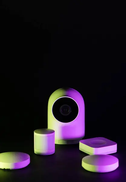 Smart home devices on black background. Camera, sensor and buttons. Home monitoring.