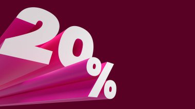 20 %, 3d promotion banner, price percentage. Digit with a percent sign. Copy space.