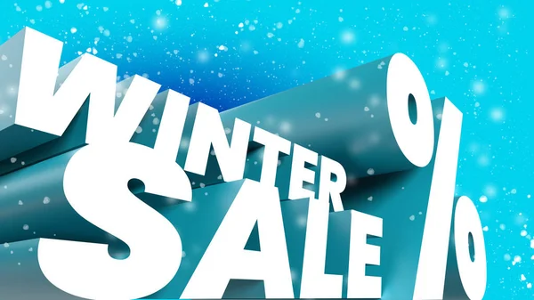 winter sale %, 3d promotion banner, price percentage. Letters with a percent sign. Snow, cold blue background. Illustration