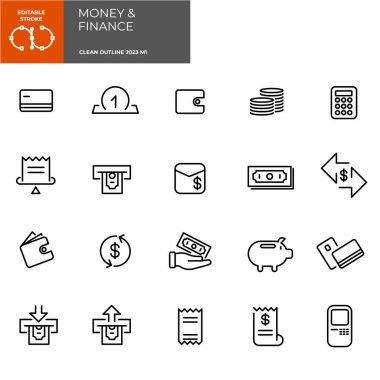 Para ve finans. Taslak simge paketi. Düzenlenebilir vuruş.