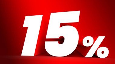 Yüzde 15 işaret. Kırmızı arka planda beyaz harf. Üç boyutlu. Boşluğu kopyala.