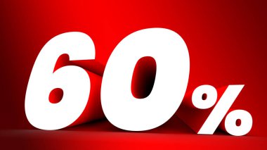 Yüzde 60 işaret. Kırmızı arka planda beyaz harf. Üç boyutlu. Boşluğu kopyala.