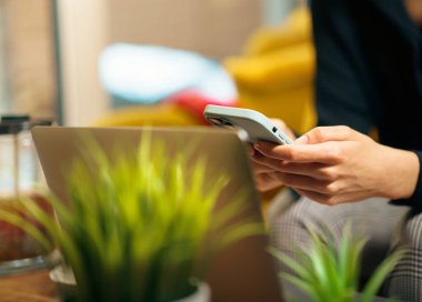 Akıllı telefon ev bilgisayarı, laptop yeşil bitkiler, sarı kanepe, yurt içi oda.