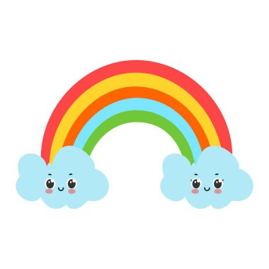 Beyaz arkaplanda izole edilmiş sevimli, gülen gökkuşağı çizgi film karakteri çizimi çizimi.