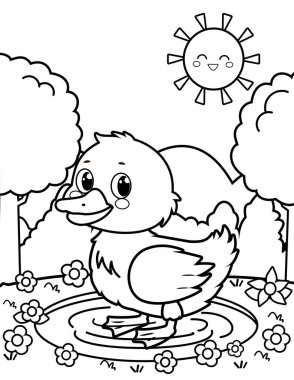 Çocuklar için su boyama sayfasında şirin ördek, çocuklar için bahar boyama sayfaları, kalın çizgileri olan basit çizimler.