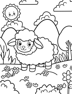 Çocuklar için şirin kuzu boyama sayfası, çocuklar için bahar boyama sayfaları, kalın çizgileri olan basit çizimler.