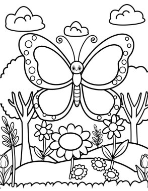 Çocuklar için kelebek boyama sayfası, çocuklar için bahar boyama sayfaları, kalın çizgileri olan basit çizimler.