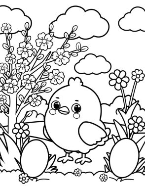 Çocuklar için güzel piliç boyama sayfası, çocuklar için bahar boyama sayfaları, kalın çizgileri olan basit çizimler.