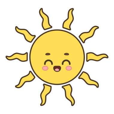 Beyaz arka planda izole edilmiş sevimli çizgi film gülümseyen güneş karakteri çizimi