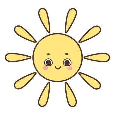 Beyaz arka planda izole edilmiş sevimli çizgi film gülümseyen güneş karakteri çizimi