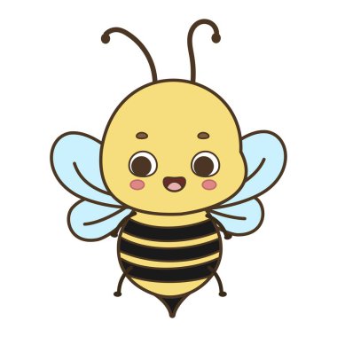 Gül yanakları, mavi kanatları ve beyaz arka planda izole edilmiş neşeli bir gülümseme vektörü çizimi olan sevimli çizgi film arısı..