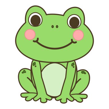 Gül yanaklı şirin çizgi film kurbağası ve beyaz arka planda izole edilmiş büyük bir gülümseme vektör çizimi..