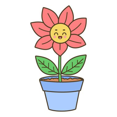 Beyaz arkaplanda izole edilmiş sevimli karikatür çiçek saksı vektör çizimi