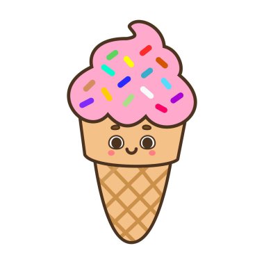 Şirin kawaii dondurma külahı pembe serpiştirme vektörü çizimi