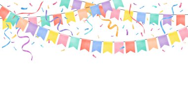 Renkli suluboya çelenk ve beyaz arka planda konfeti