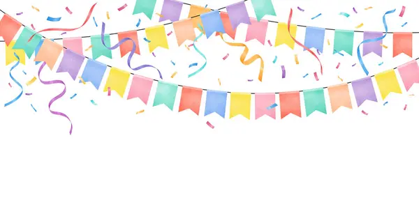 Renkli suluboya çelenk ve beyaz arka planda konfeti