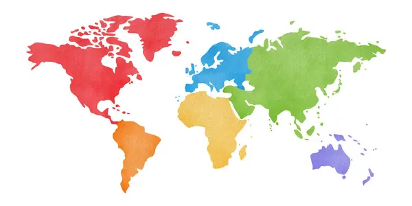 Suluboya dünya haritası beyaz arka planda izole edilmiş altı kıtaya bölündü