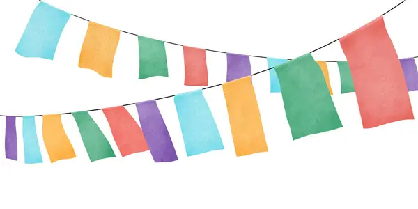 Bayraklı suluboya karnaval çelengi. Doğum günü kutlaması, festival ve güzel dekorasyon için dekoratif parti flamaları..