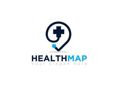 Sağlık hizmetleri için hastane logosu ve kliniğin sağlık haritası konumu