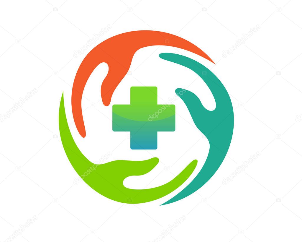 Health care logo with three hand figure for medical protection logo