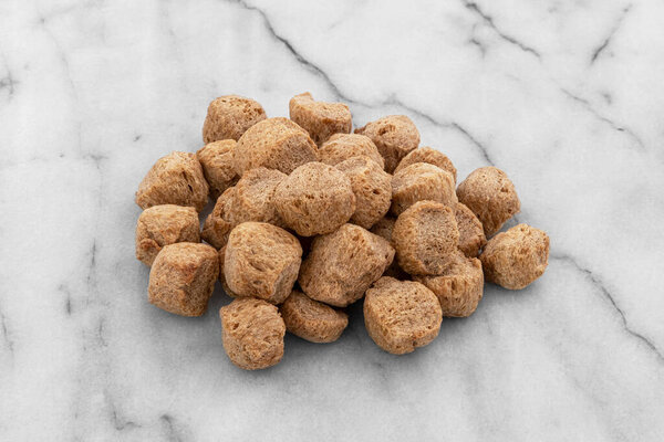 Close-up of dehydrated soya chunks