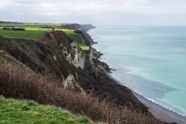 Cte d 'Albatre, Normandiya' da, yukarıdan görünen deniz kıyısında bir uçurum.