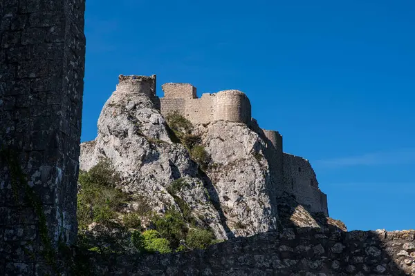 Fransa Languedoc Bulunan Cathare Peyrepertuse Şatosu Stok Resim