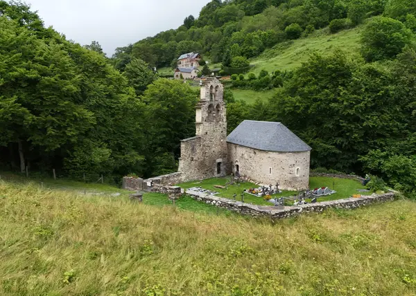 stock image Aerial view of the Templar chapel at Aragnouet in the Pyrenees, France