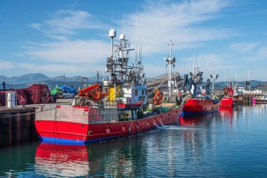 Balıkları canlı tutmak için akvaryum sistemli bir balıkçı teknesi, İspanya 'nın Cantabria kentindeki Santona limanında, deniz kenarında.