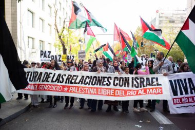 Filistinli militan grup Hamas 'ın İsrail' e saldırmasının ardından 2 Aralık 2023 'te Madrid' de Filistinlileri desteklemek için düzenlenen bir mitingde protestolar düzenlendi. İsrail,