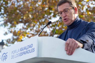 Alberto Nunez Feijoo Katalan ayrılıkçıları ve Madrid 'de Pedro Sanchez' e karşı 3 Aralık 2023 'te İspanya' da düzenlenen bir gösteride